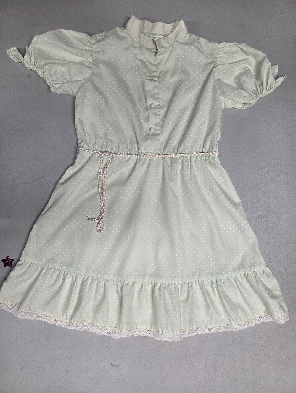 Vintage Girls Joni J Green Dotted Swiss Dress High Neck Button Up Front